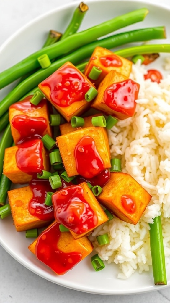 Air Fryer Chili-Garlic Tofu with Green Beans Crispy chili-garlic tofu with green beans on a white plate, garnished with green onions and served with rice.